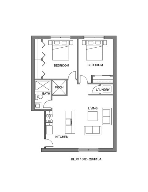 Floor plan for 2 beds, 1 bath, 635 sqft